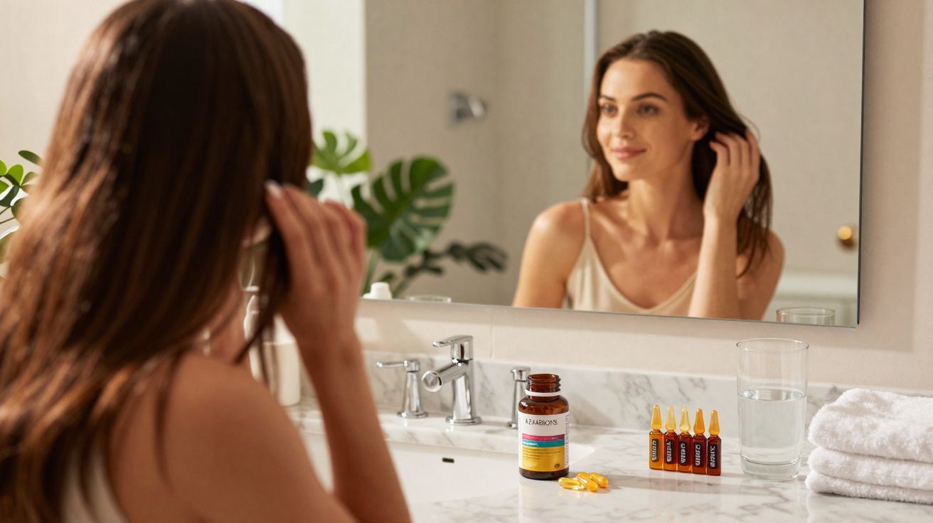 Mulher olhando no espelho no banheiro, com suplementos e copo d'água sobre a pia.