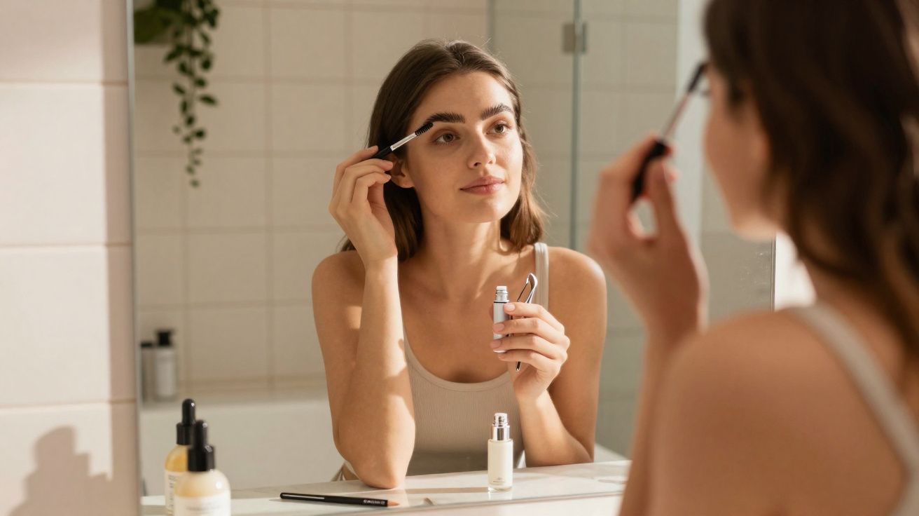 Mulher aplicando maquiagem nas sobrancelhas em frente ao espelho no banheiro iluminado.