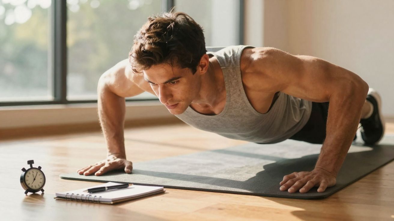 Homem faz flexão no tapete de exercícios olhando para cronômetro e caderno no chão ensolarado.