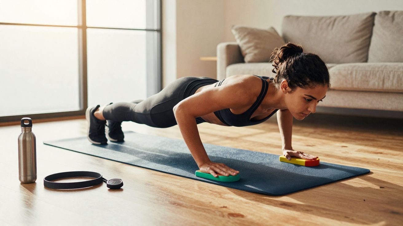 Mulher fazendo flexão com apoios coloridos em tapete em sala iluminada, perto de garrafa e acessórios.
