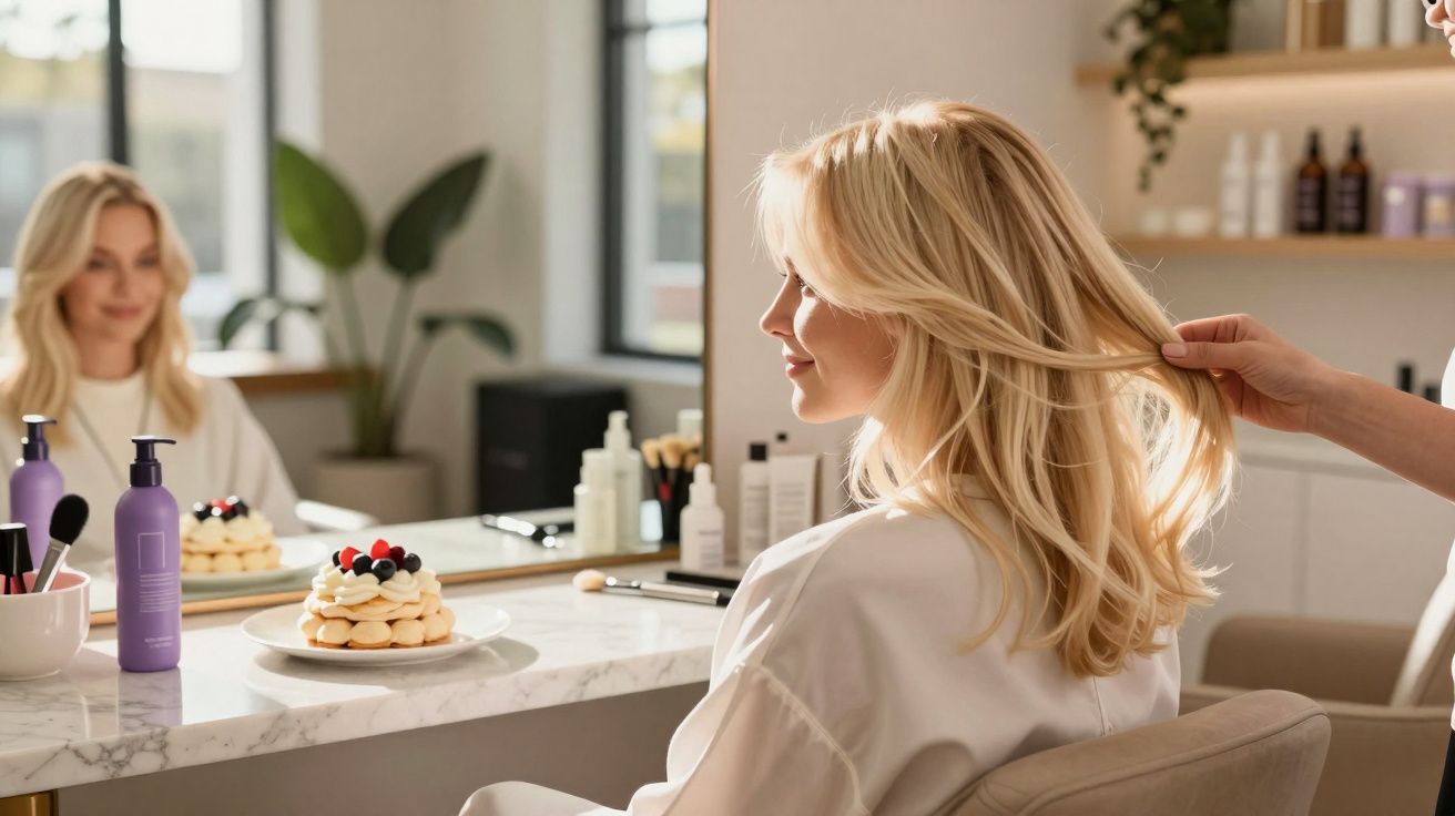 Mulher loira sentada em salão de beleza enquanto profissional arruma seu cabelo na frente do espelho.