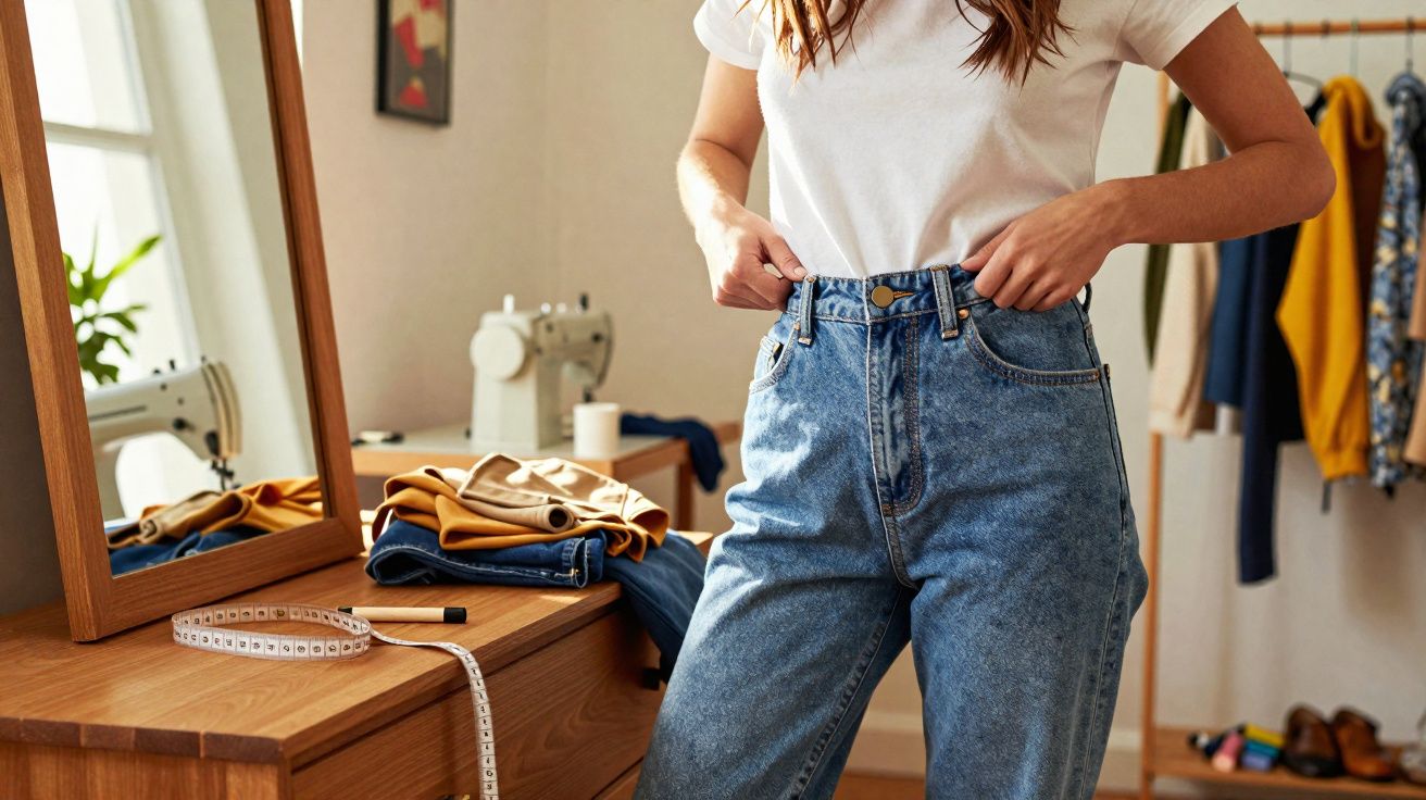Pessoa experimenta calça jeans azul em ambiente com mesa, espelho, máquina de costura e roupas ao fundo.