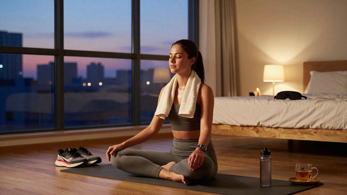 Mulher meditando em posição de lótus em tapete de yoga no quarto ao entardecer, com toalha no pescoço.