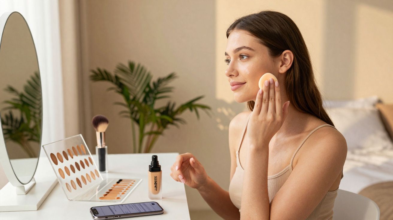 Mulher aplicando base facial com esponja sentada em frente à penteadeira espelhada.