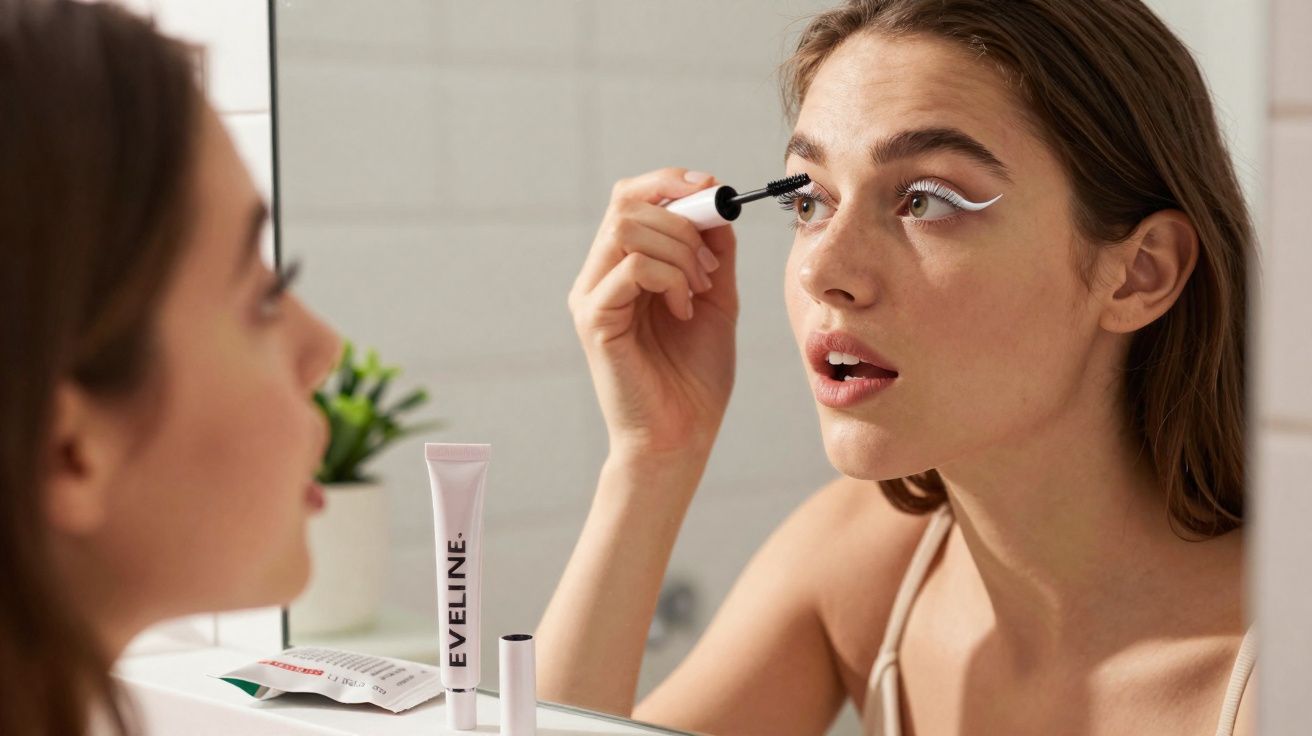 Mulher aplicando máscara de cílios diante do espelho com maquiagem branca nos olhos.