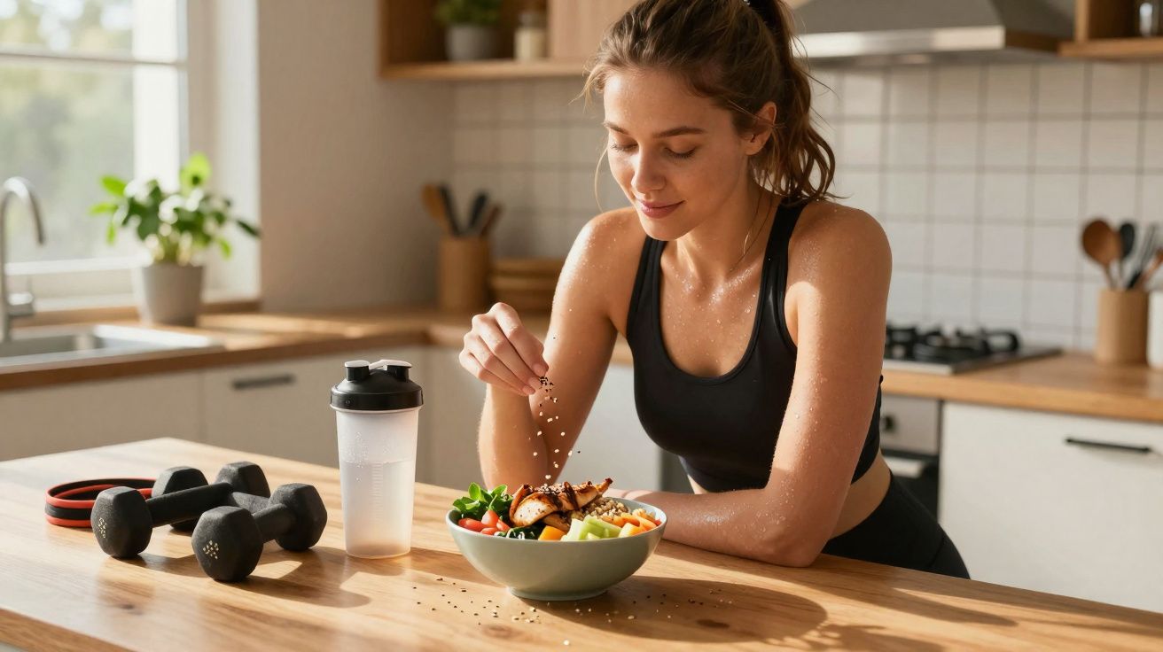 Mulher em roupa de treino tempera salada saudável em cozinha com halteres e garrafa de água.