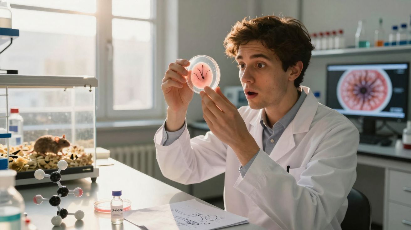 Homem jovem em jaleco observa amostra em placa de petri em laboratório científico.