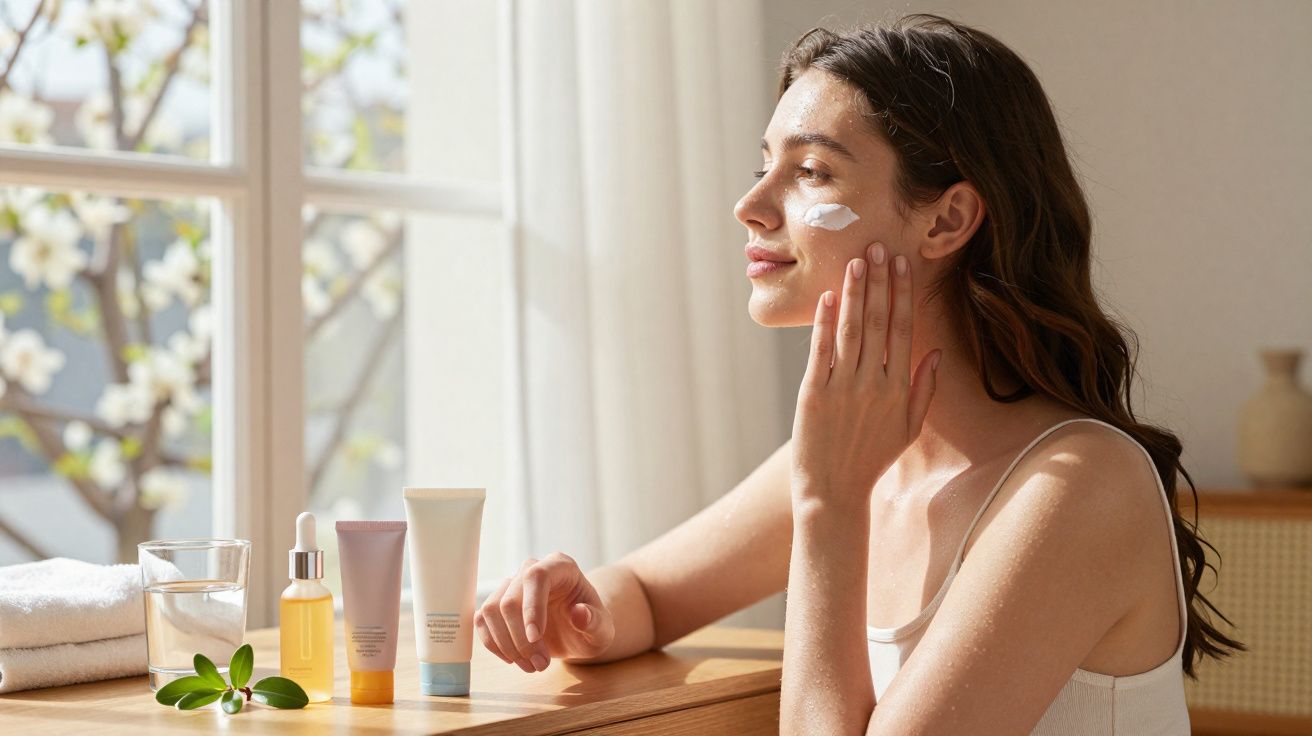 Mulher aplicando creme facial ao lado de produtos de cuidados em mesa iluminada por luz natural.