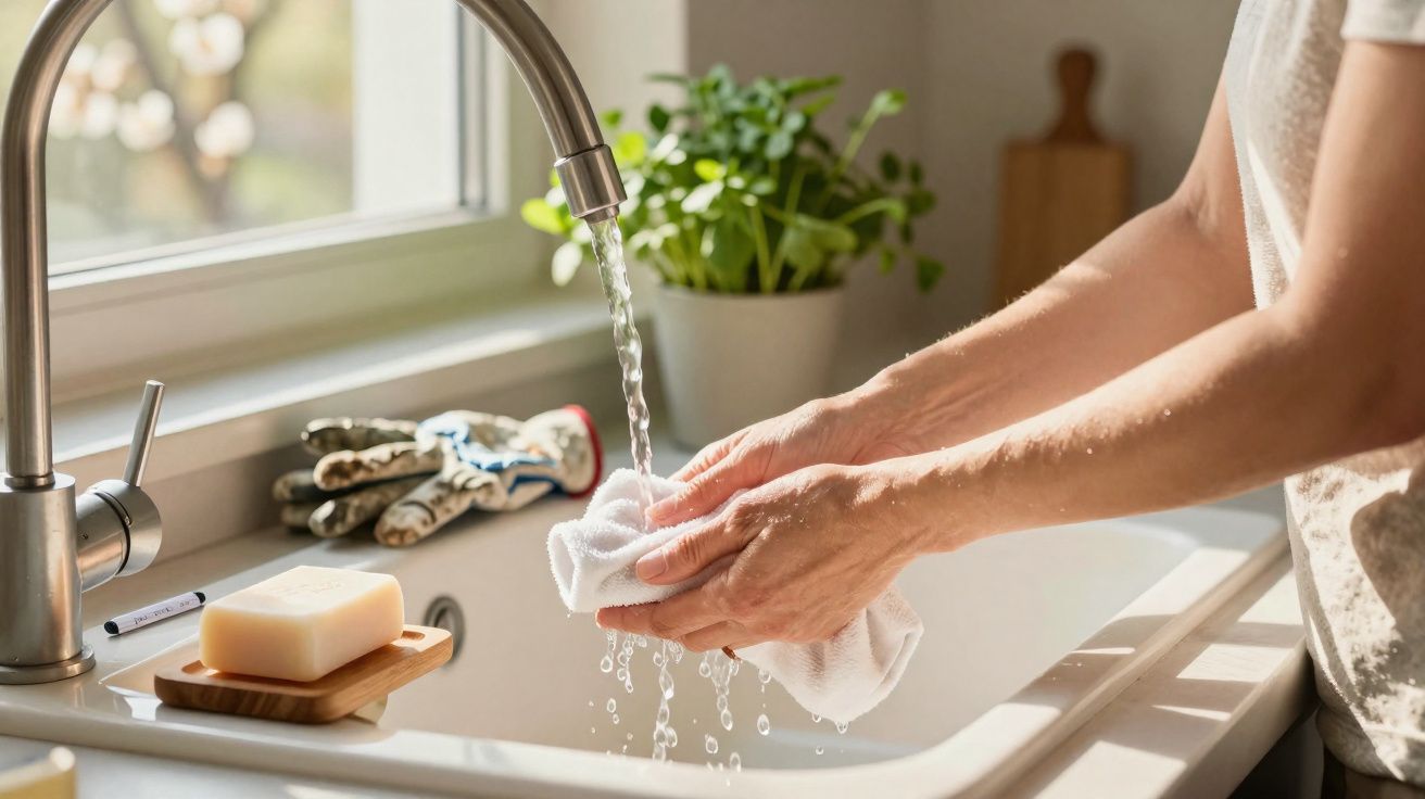 Pessoa lavando pano branco em pia com torneira aberta e sabão ao lado, planta ao fundo na cozinha.