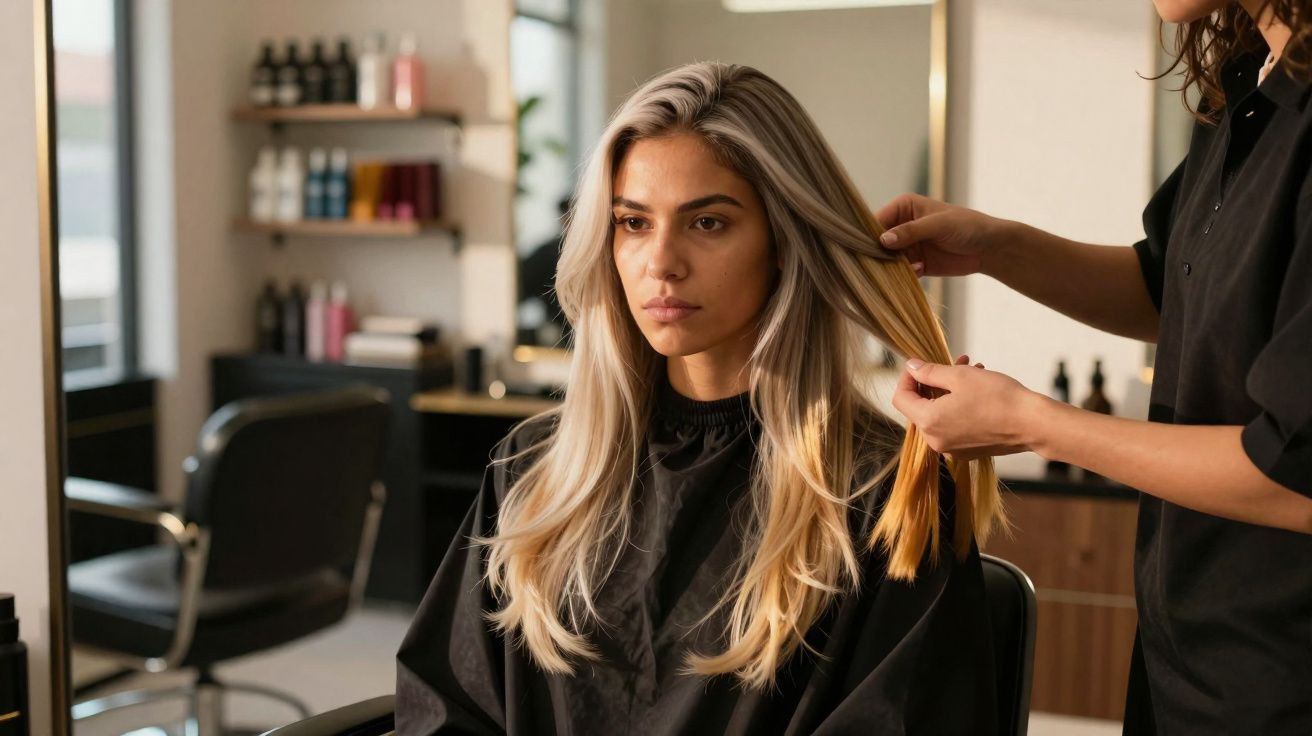 Mulher com cabelo liso e longo em salão de beleza, cabeleireiro ajeitando mechas.