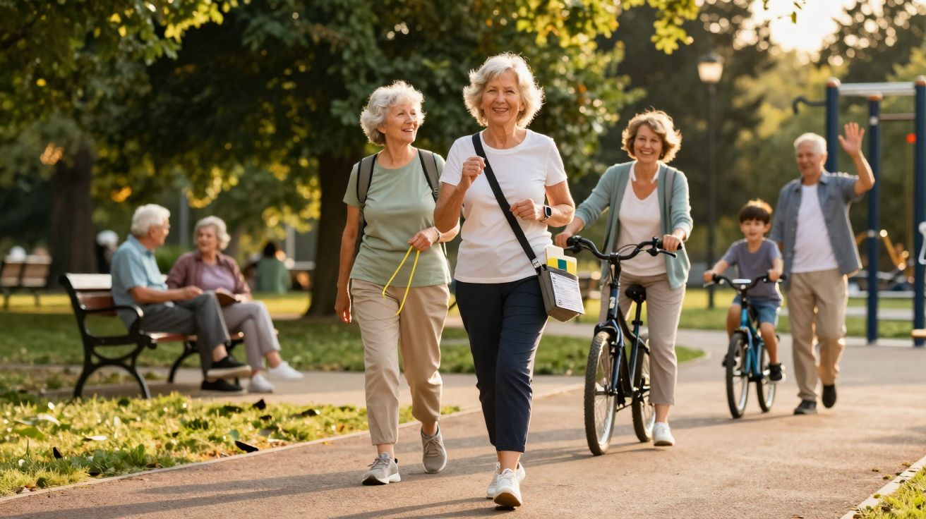 Grupo de pessoas caminhando e andando de bicicleta em parque ensolarado durante o dia.
