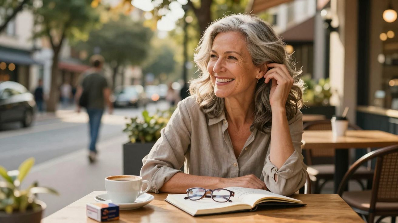 Mulher sorridente sentada em cafeteria ao ar livre com livro, óculos e café na mesa.