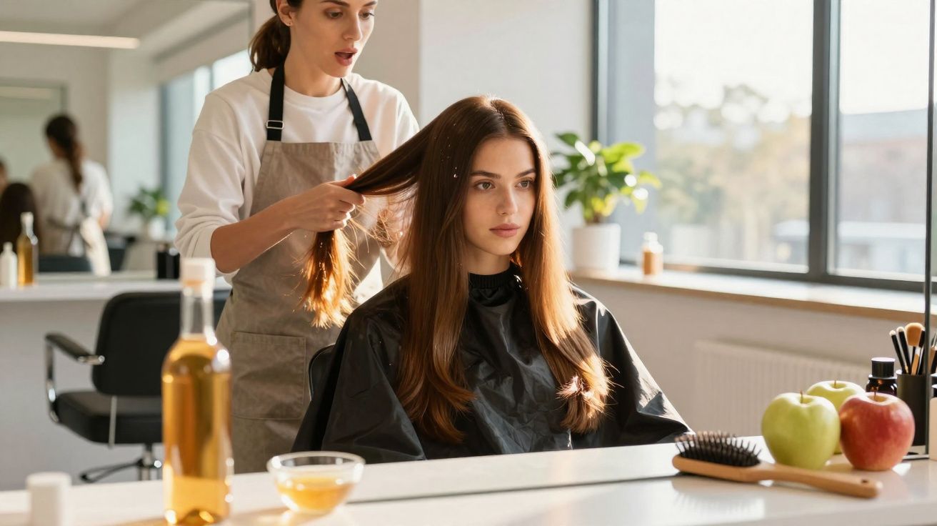 Mulher sentada em salão recebendo corte de cabelo de cabeleireira em ambiente iluminado.