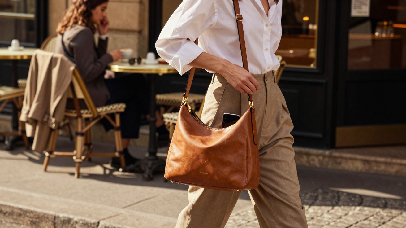 Pessoa caminhando com bolsa de couro marrom e celular à mostra, em rua com cafeteria ao fundo.