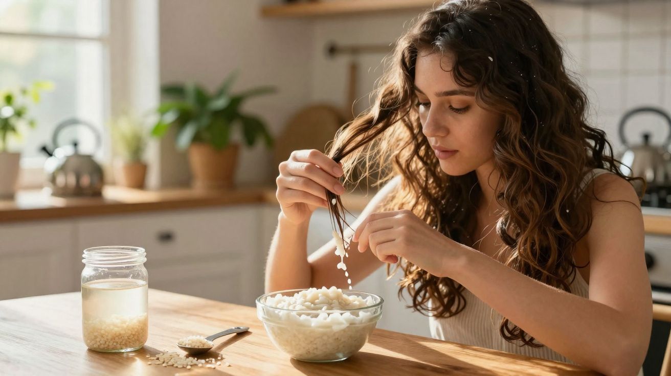 Mulher preparando suco de arroz em pote na cozinha com luz natural e plantas ao fundo.