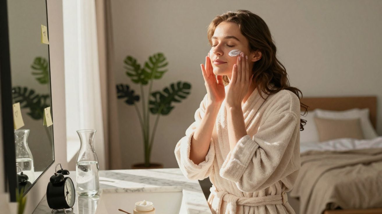 Mulher aplica creme no rosto vestindo roupão branco em ambiente aconchegante com cama ao fundo.