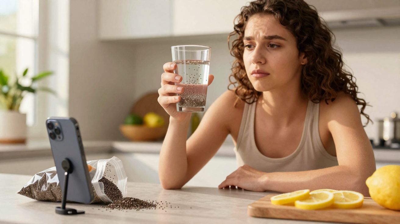 Mulher observa copo com água e sementes de chia na cozinha, ao lado de limões cortados e celular em suporte.