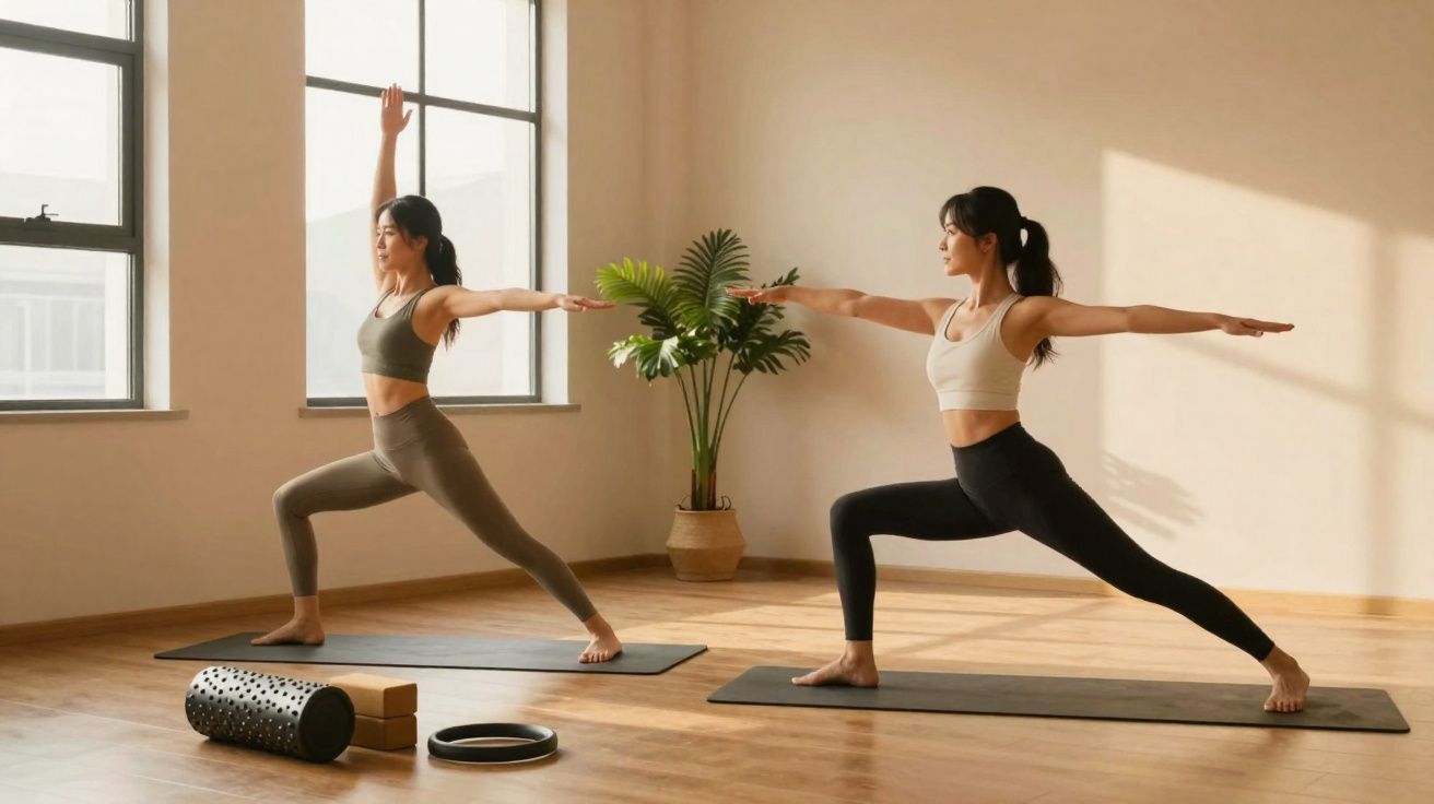 Duas mulheres praticando yoga em posição de guerreiro em estúdio iluminado com luz natural.