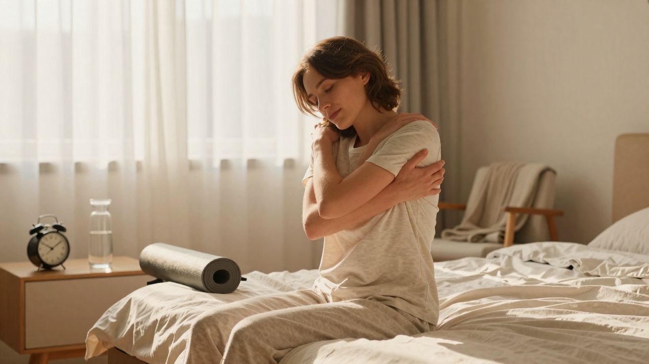 Mulher sentada na cama abraçando os ombros em um quarto iluminado pela manhã.