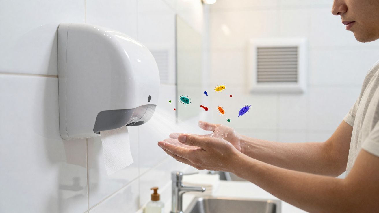Pessoa com mãos expostas a germes coloridos enquanto usa secador automático de mãos em banheiro.