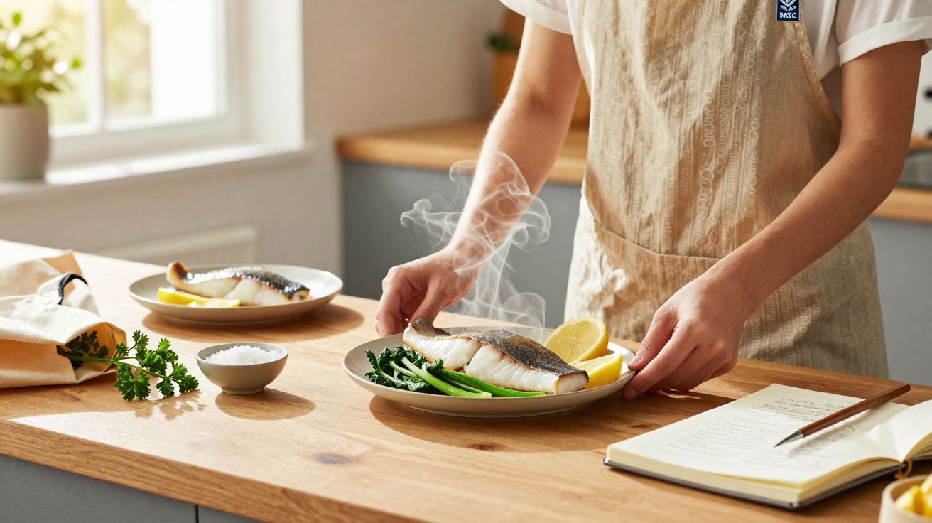 Pessoa preparando prato com filé de peixe quente, vegetais e limão em cozinha iluminada.