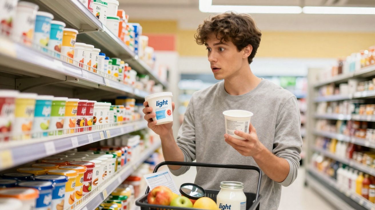 Homem olhando e comparando potes de iogurte light no corredor de supermercado com cesta de compras.