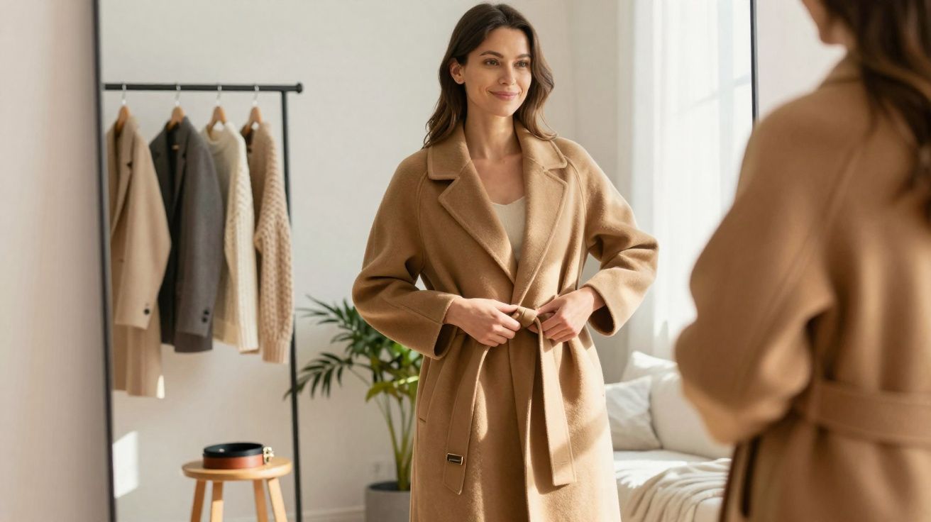 Mulher sorrindo experimentando casaco bege frente ao espelho em quarto com roupas penduradas atrás.