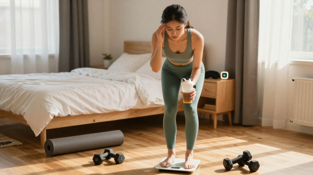 Mulher em roupas de treino verificando o peso na balança em quarto com equipamentos de exercício.