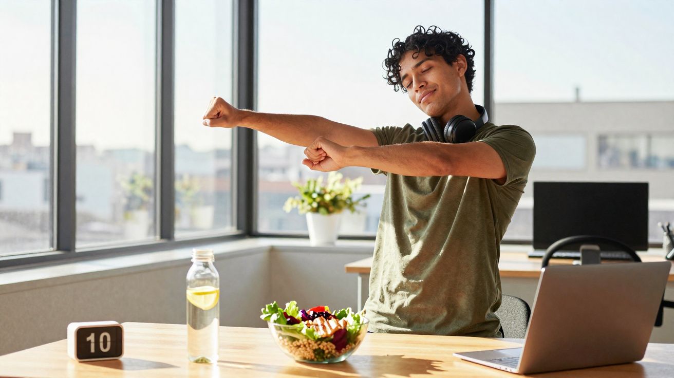 Jovem se espreguiçando em escritório com salada, garrafa de água e notebook na mesa.