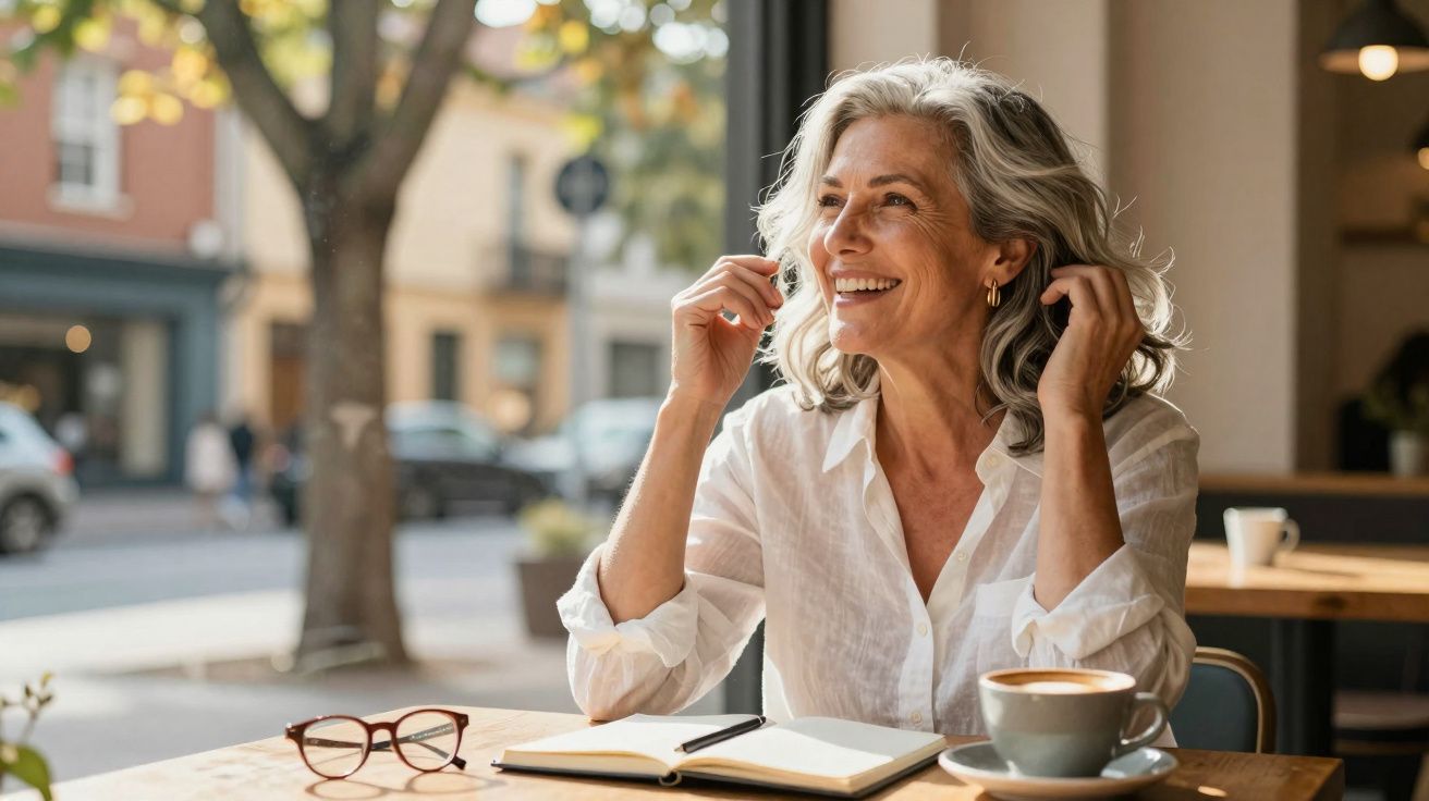 Mulher sorridente sentada em cafeteria com livro aberto e xícara de café na mesa.