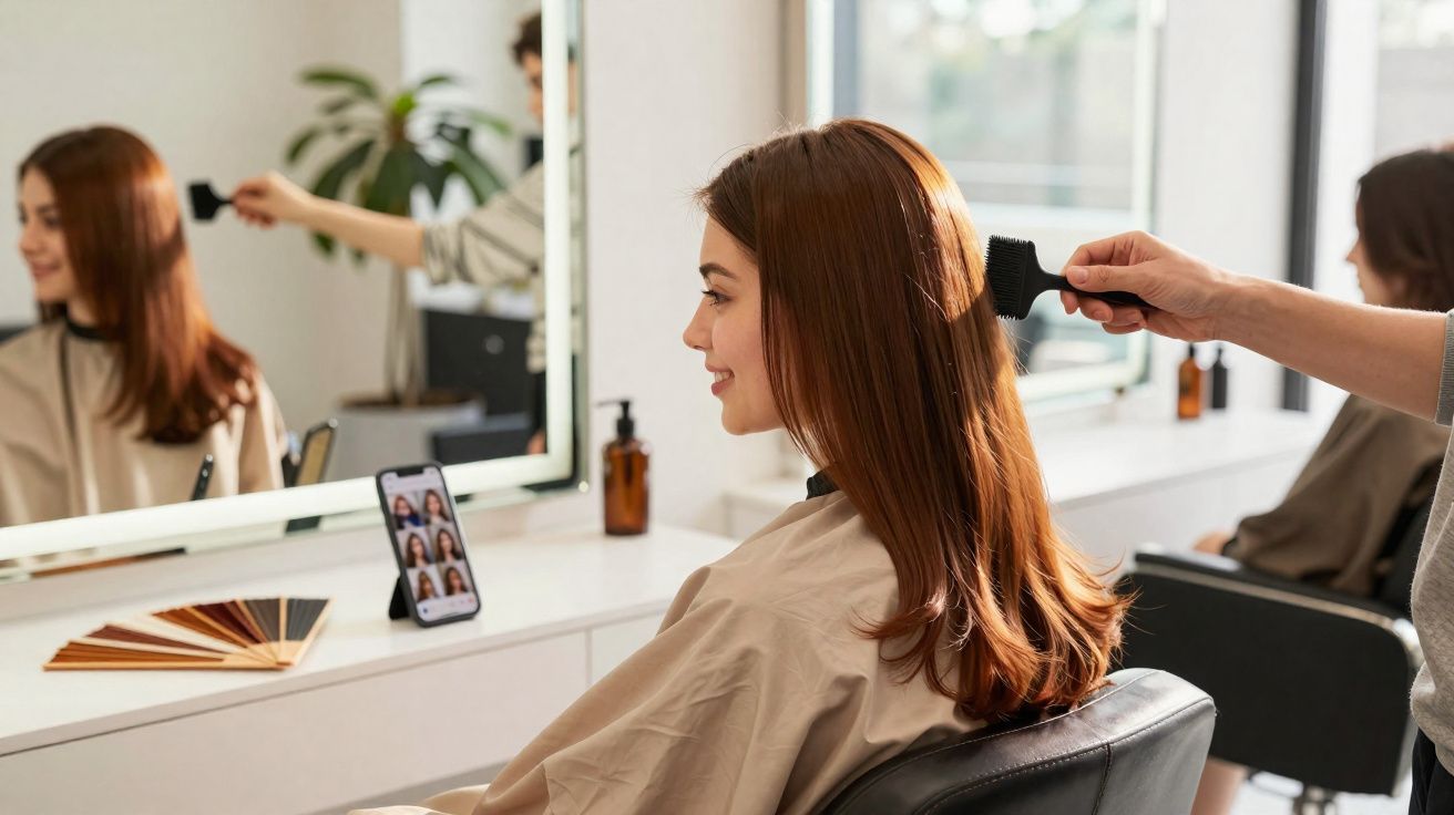 Mulher sentada em cadeira de salão com cabelo sendo penteado por profissional.