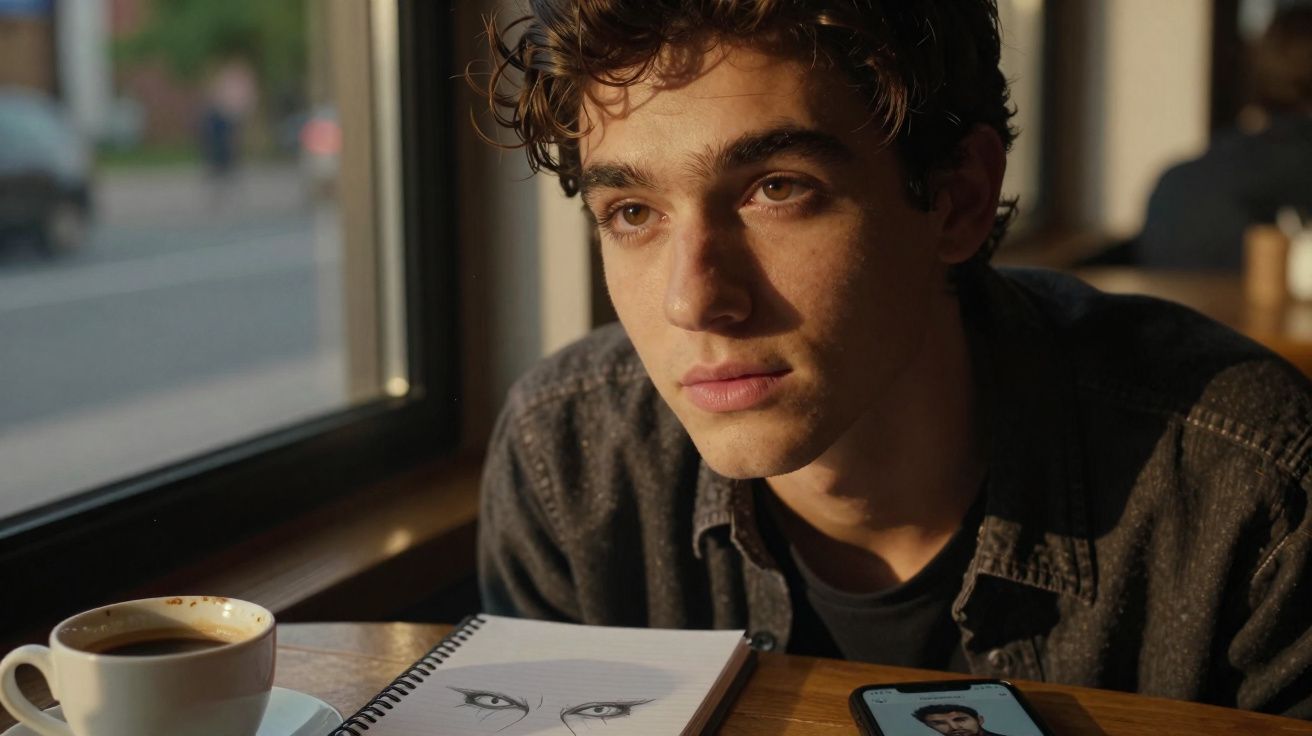 Jovem pensativo sentado à mesa com xícara de café, caderno com desenho e celular em café iluminado pela luz natural.