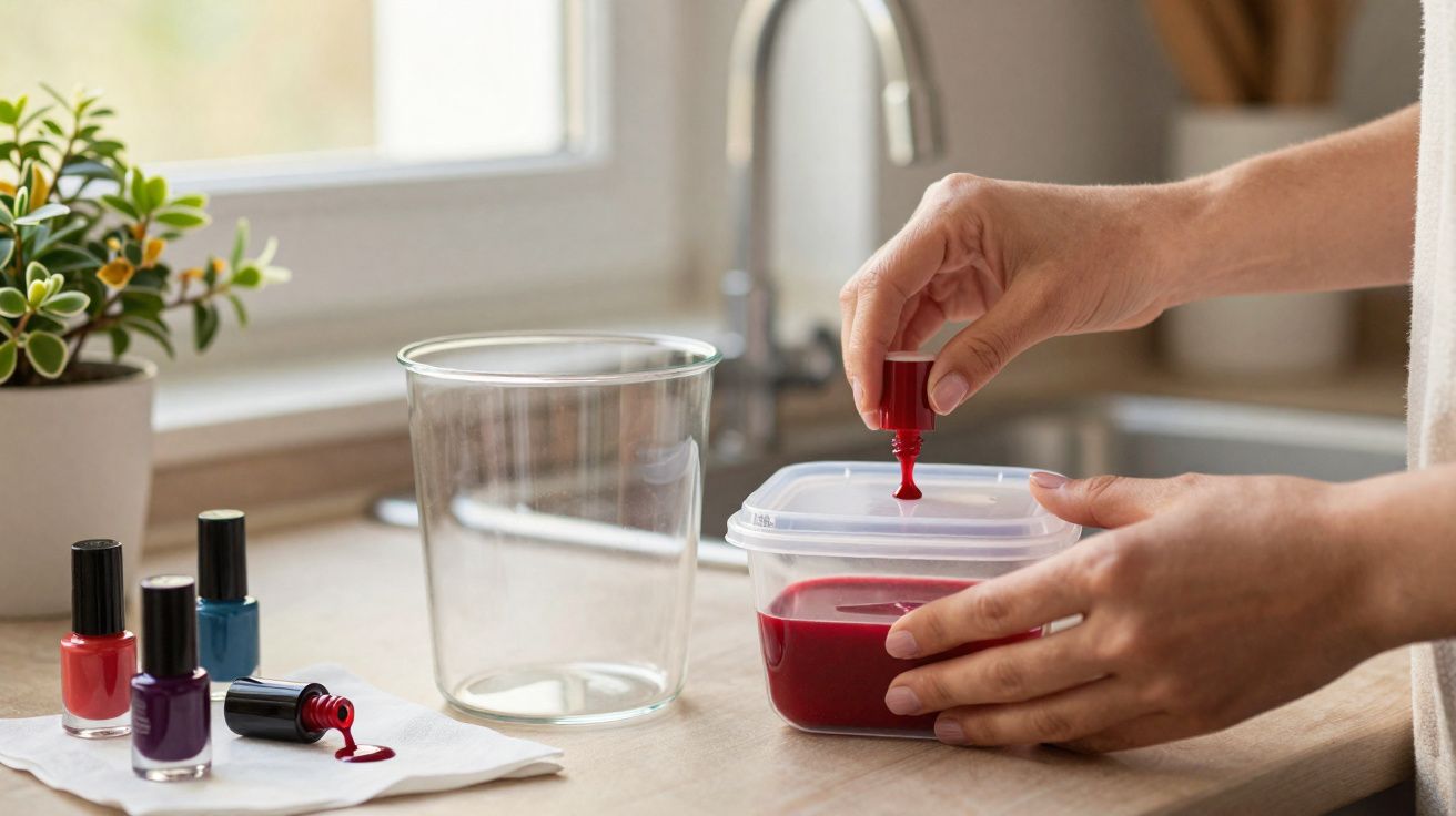 Mãos vertendo esmalte vermelho em pote plástico na mesa com vidros de esmalte colorido e vaso de planta.