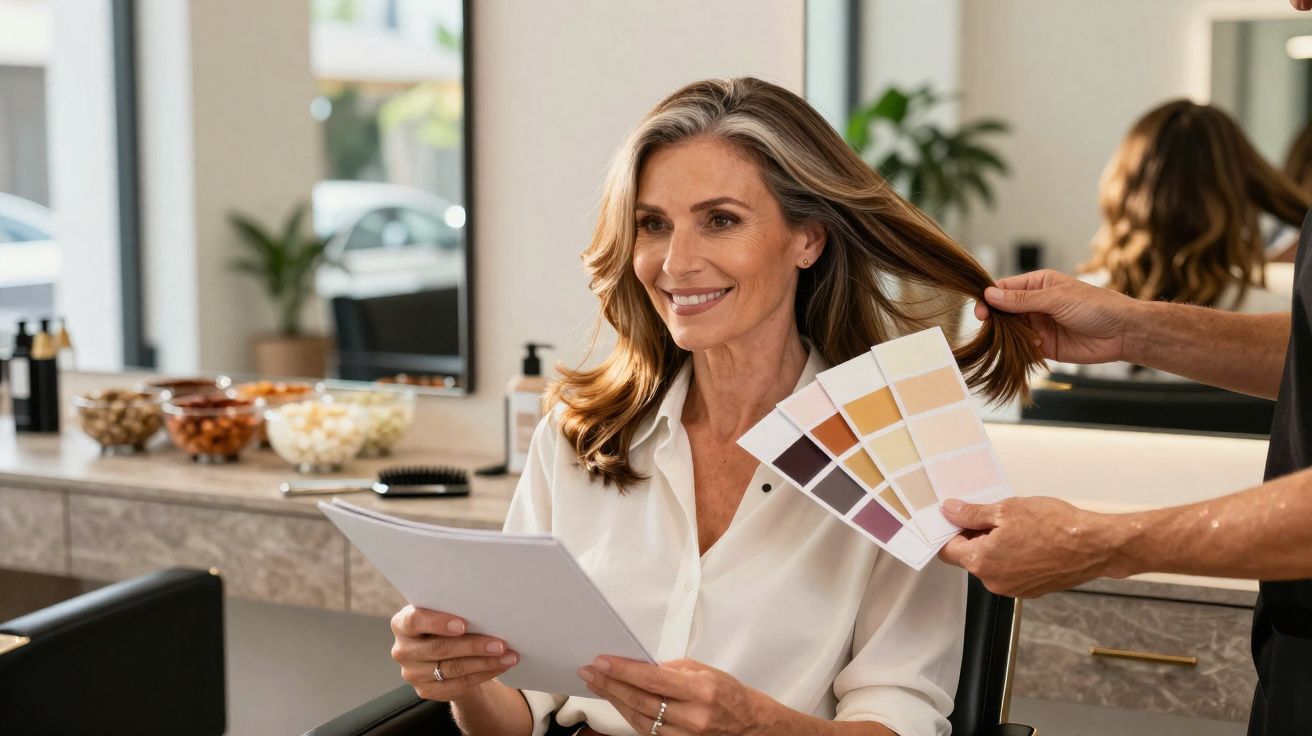 Mulher sorridente escolhendo cor de cabelo com profissional em salão de beleza moderno.