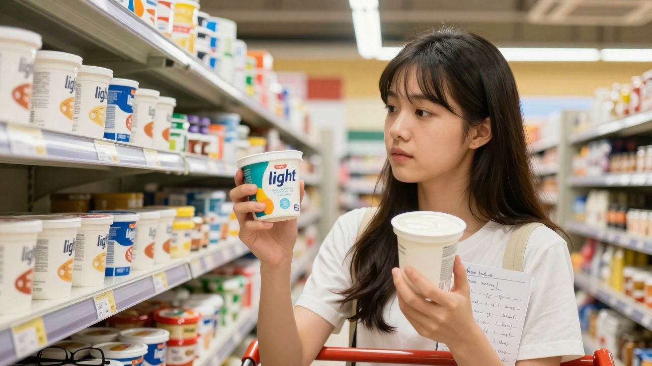 Jovem mulher escolhe iogurte light em supermercado enquanto segura lista de compras.
