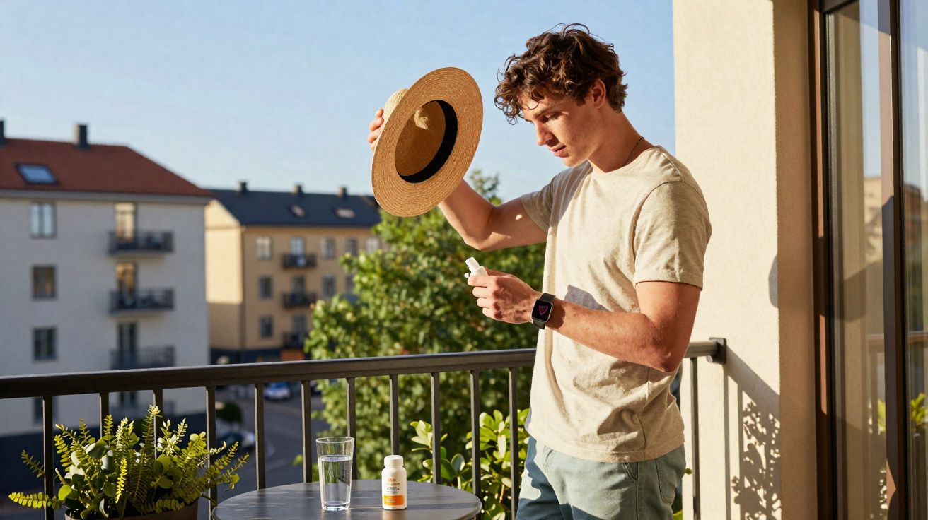 Homem em varanda segura chapéu e frasco de suplemento sob luz do sol, com copo e planta na mesa.