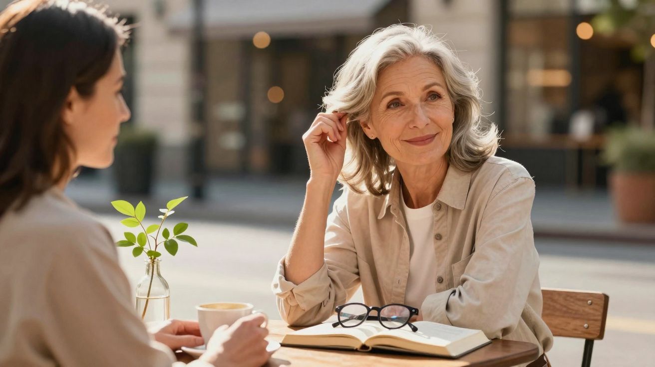 Duas mulheres conversando em café ao ar livre, uma lê livro aberto e tem óculos na mesa.