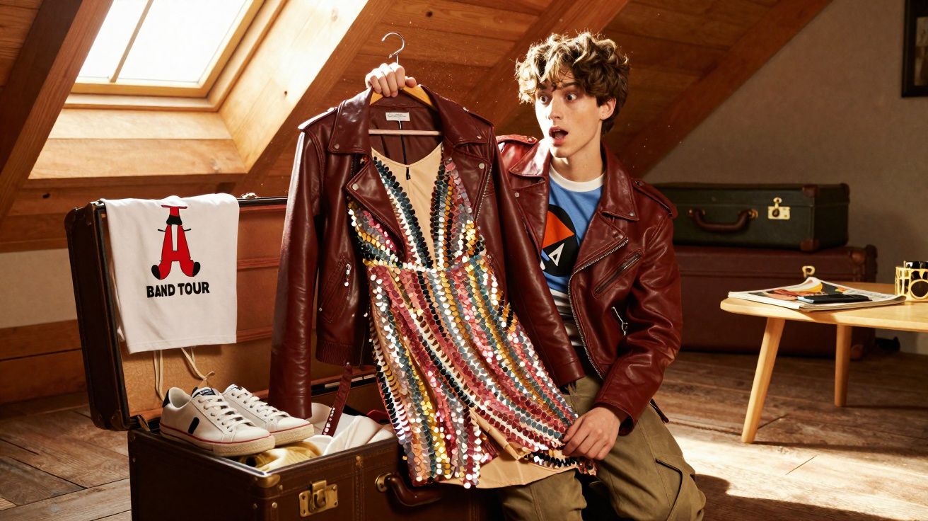 Jovem surpreso segurando vestido colorido com jaqueta de couro em quarto com mala aberta e tênis branco.