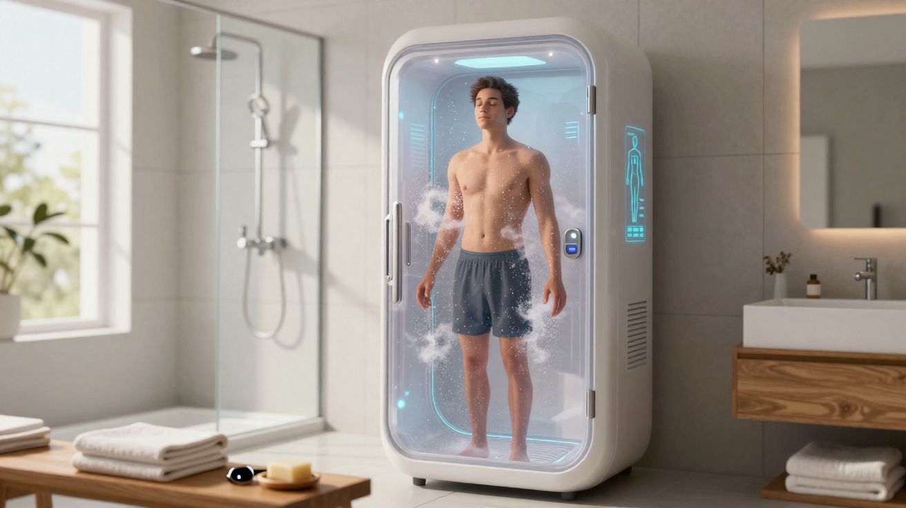 Homem em cabine futurista de banho eletrônico em banheiro moderno com luzes azuis internas.