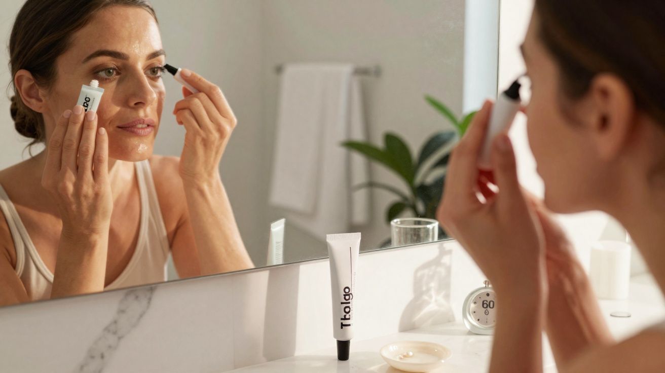 Mulher aplicando maquiagem em frente ao espelho no banheiro com produtos de beleza sobre a pia.