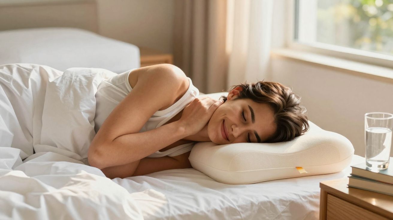 Mulher sorridente deitada de lado na cama com travesseiro ortopédico, em ambiente iluminado pela luz natural.