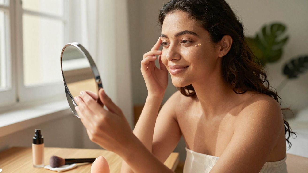 Mulher aplicando maquiagem no rosto, olhando refletida em espelho de mão, em ambiente iluminado.