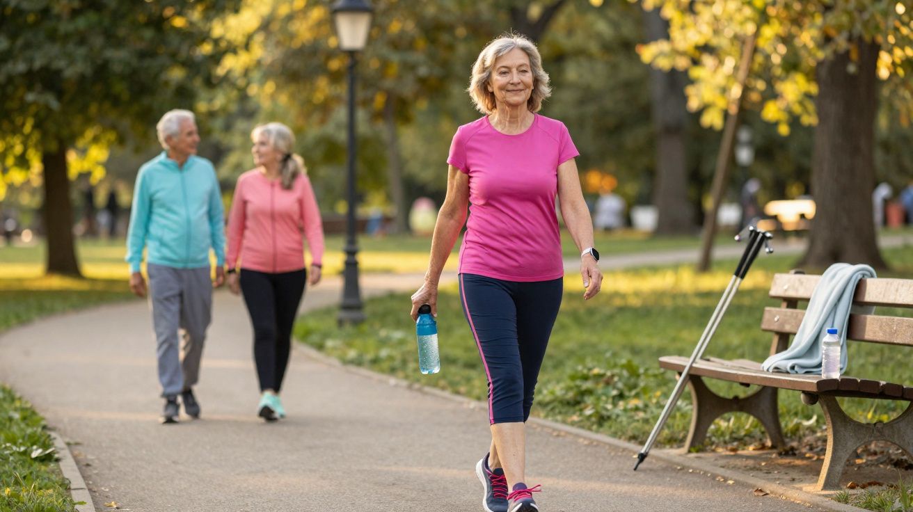 Mulher idosa caminhando em parque com garrafa de água, casal também caminhando ao fundo em meio à natureza.