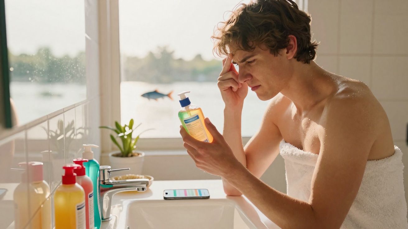 Jovem com rosto preocupado lê rótulo de sabonete líquido no banheiro iluminado pela luz do dia.