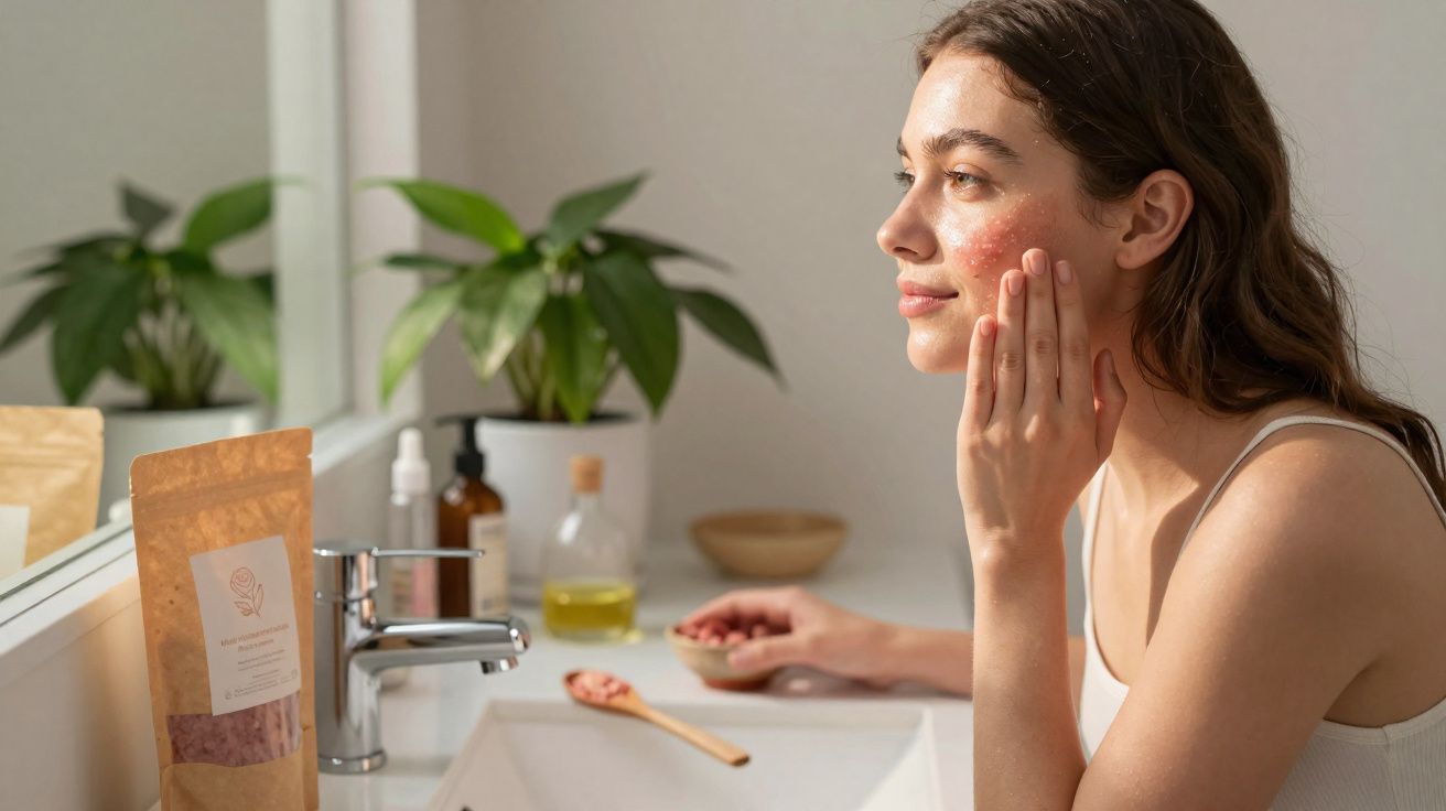 Mulher aplicando máscara facial rosa no rosto em banheiro com planta ao fundo.