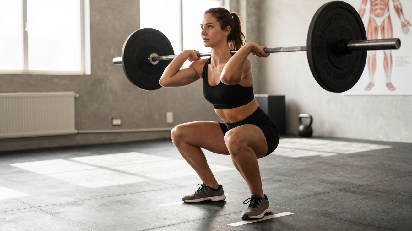 Mulher jovem faz agachamento com barra e pesos em academia iluminada por janela.