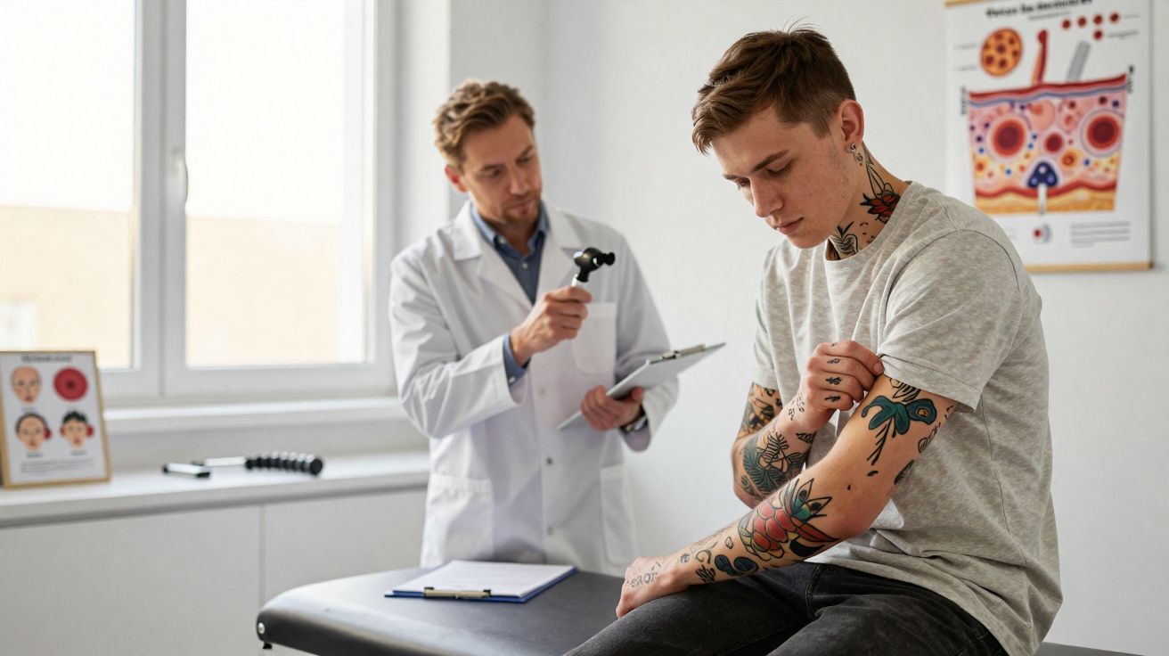 Homem tatuado sendo examinado por dermatologista em consultório médico iluminado por janela.