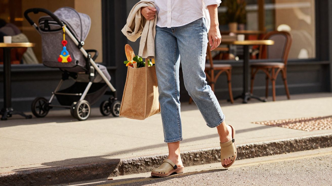 Pessoa andando na rua com sacola de compras ecológica e carrinho de bebê estacionado próximo a café.