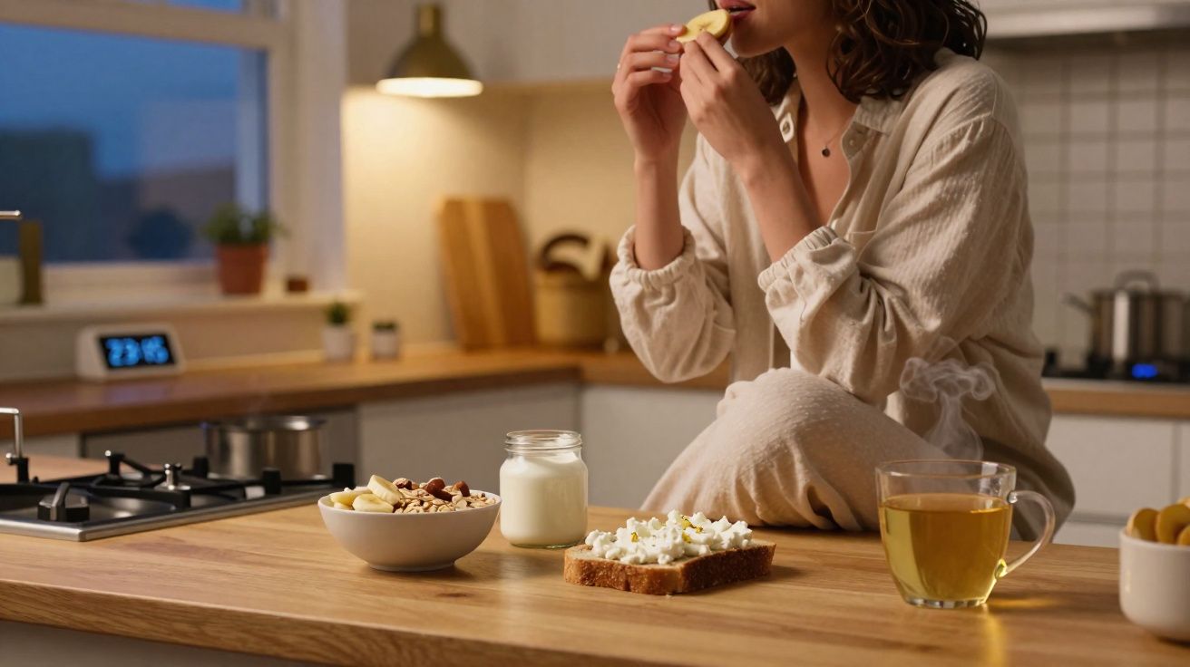 Mulher com pijama bege comendo fruta na cozinha com lanche sobre bancada de madeira à noite.