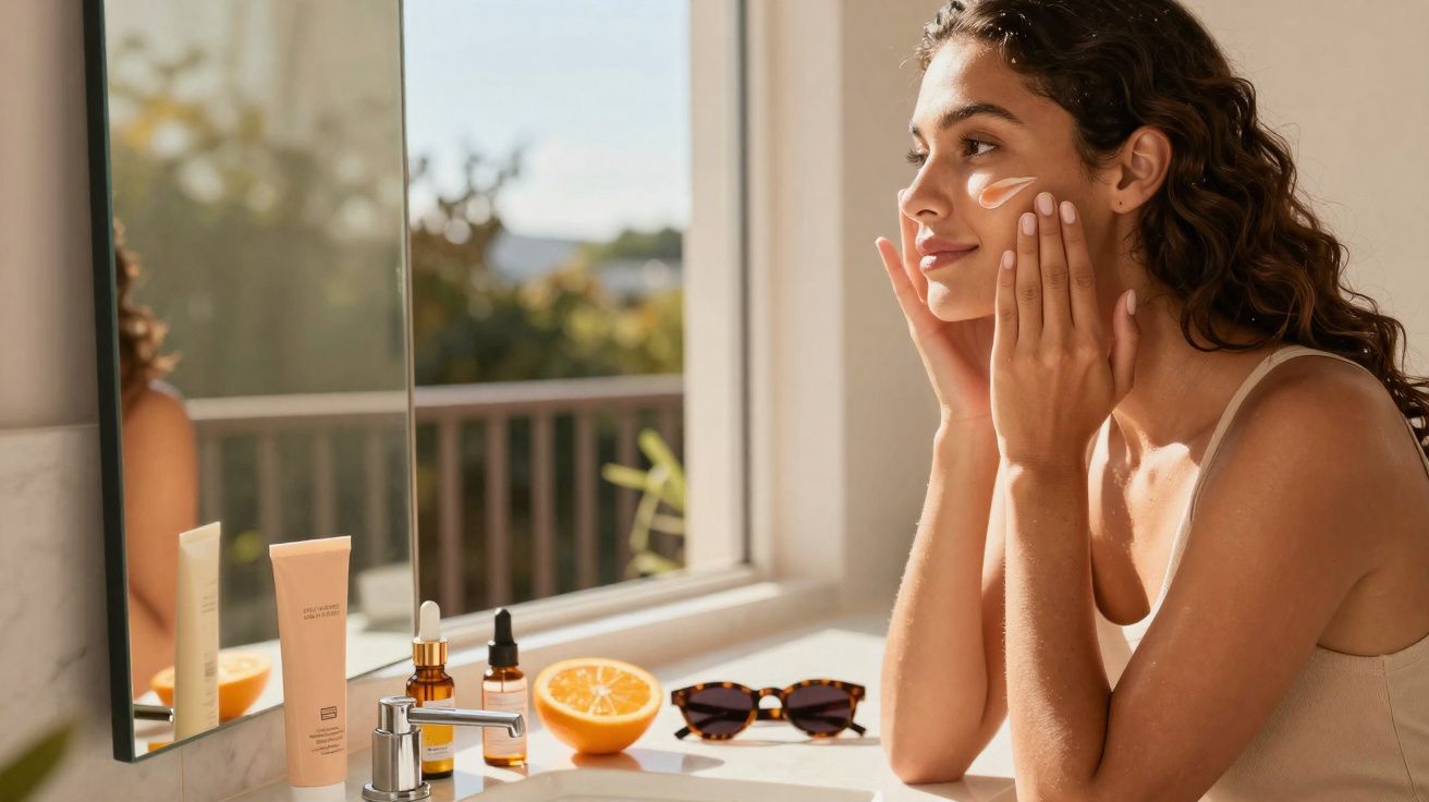 Mulher aplica creme facial perto de janela com espelho, produtos de skincare e laranja na bancada.